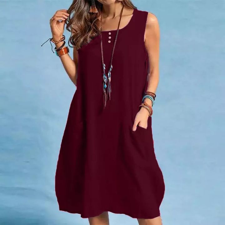 Women%20Vintage%20Short%20Sleeve%20Solid%20Knee-length%20Sundress%20Summer%20Cotton%20Dress%20Casual%20Loose%20Vestidos.%20-%20Image%202