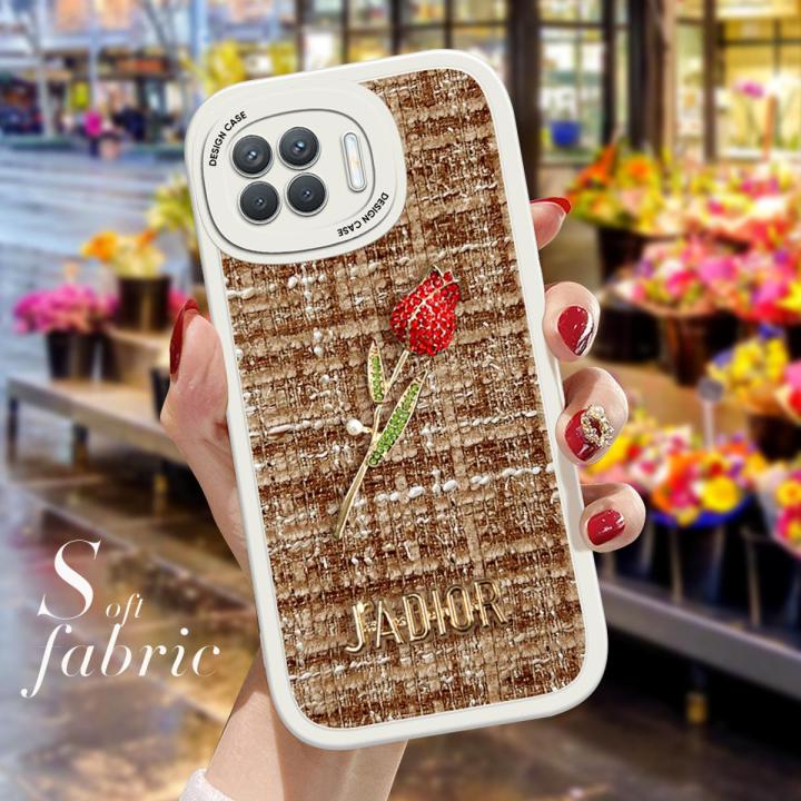 FELMYST Casing Case For OPPO Reno4 F Fashion Rose Flower Gemstone Ornament Brand JADIOR Gem Soft Silicone Fabric Phone Case Full Cover Camera Protection Cases Shockproof Back Cover Phone Casing Softcase For Girls