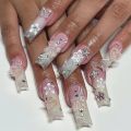 24pc French artificial nails with designs y2k butterfly 3D charms press on nails XLong ballet coffin false nails with rhinestone. 