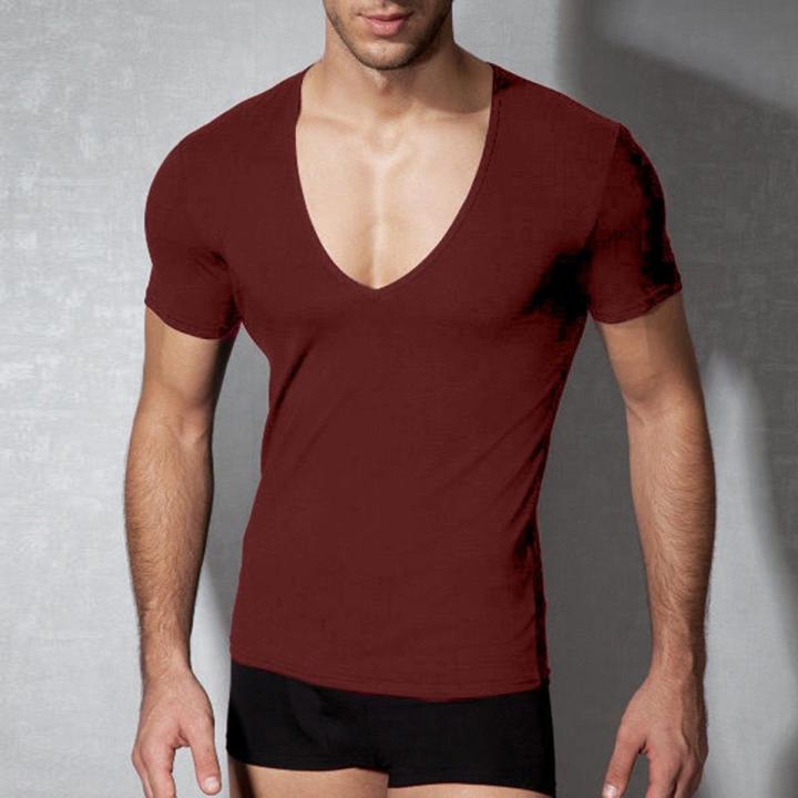 Deep V-Neck Men's T Shirt Low Cut Vneck Wide Vee Tee Male Tshirt Short Sleeve Causal Gym Solid Tops Invisible Undershirt
