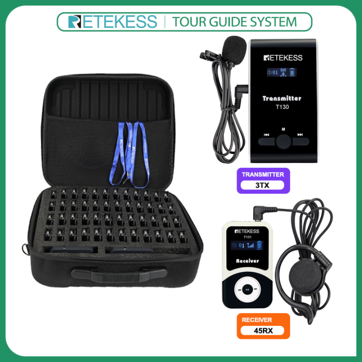 Retekess T130-T131 Wireless Tour Guide System with Portable 60 Slots Storage Bag for Factory,Tourism, Conference, School(3 Transmitters 45 Receivers,1 Bag)