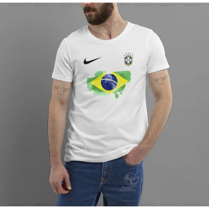 Half Sleeve Round Neck Comfortable Jersey Fabrics Tshirt With Brazilian Football Logo & Flag