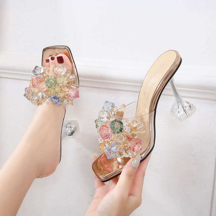 Cinderella Crystal Flower High Heel Sandals Stage Walk Show Hosting Car Model Malness Brand Large Women's Shoes