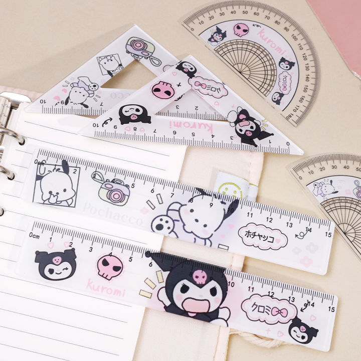 4Pcs/Set Sanrio Ruler Set Kuromi Acrylic Cute Cartoon Straight Ruler Triangle Ruler Student Stationery Gift