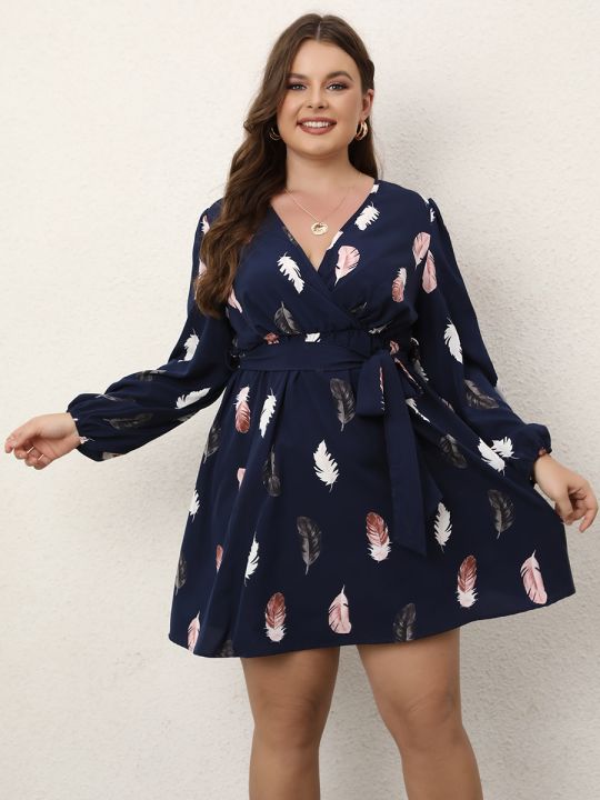 Finjani%20Plus%20Size%20Dress%20Deep%20V-Neck%20Feather%20Print%20Party%20Dress%20Trendy%20Butterfly%20End%20Waist%20Belt%20Women's%20Dresses%20-%20Image%204