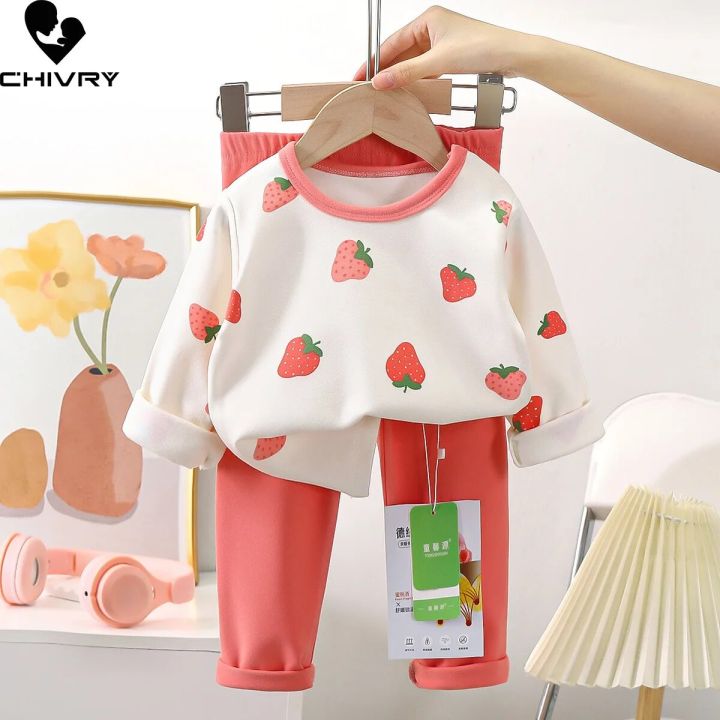 New 2023 Kids Pajamas Boys Girls Autumn Cute Cartoon Strawberry Long Sleeve O-Neck Clothing Sets Toddler Baby Pyjamas Sleepwear