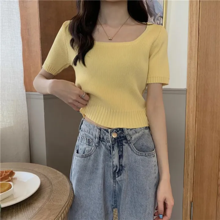 Short%20Sleeve%20Square%20Collar%20Top%20Women's%20Clothing%20New%20Spring%20and%20Summer%20Ice%20Silk%20Sweater%20Thin%20Slim%20Fit%20Slimming%20ins%20Tide%20-%20Image%206