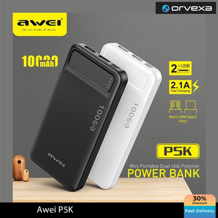 Awei P5K 10000mAh Dual USB Port Power Bank Fast Charging Micro USB and Type C Input Power Bank
