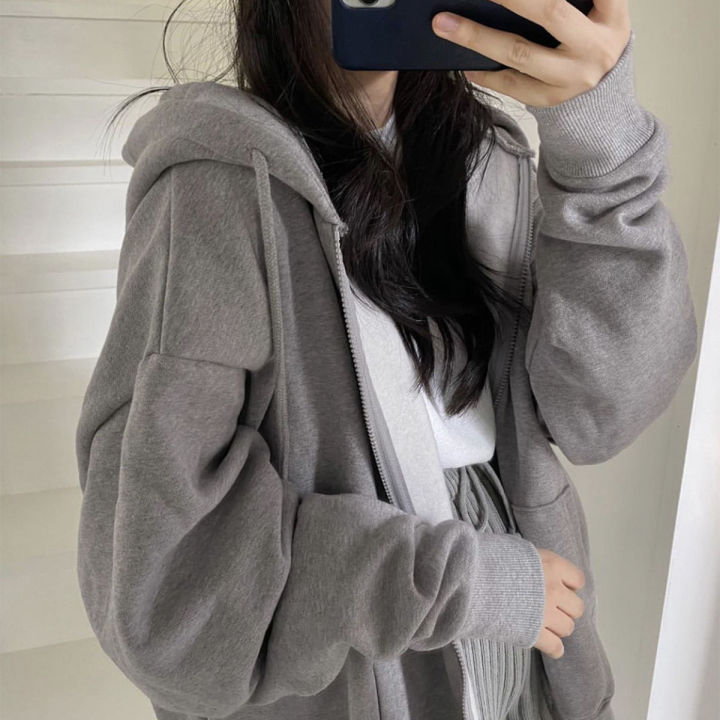 Long Female Zip Up Hoodies Women Korean Version Loose Hoodies Long
