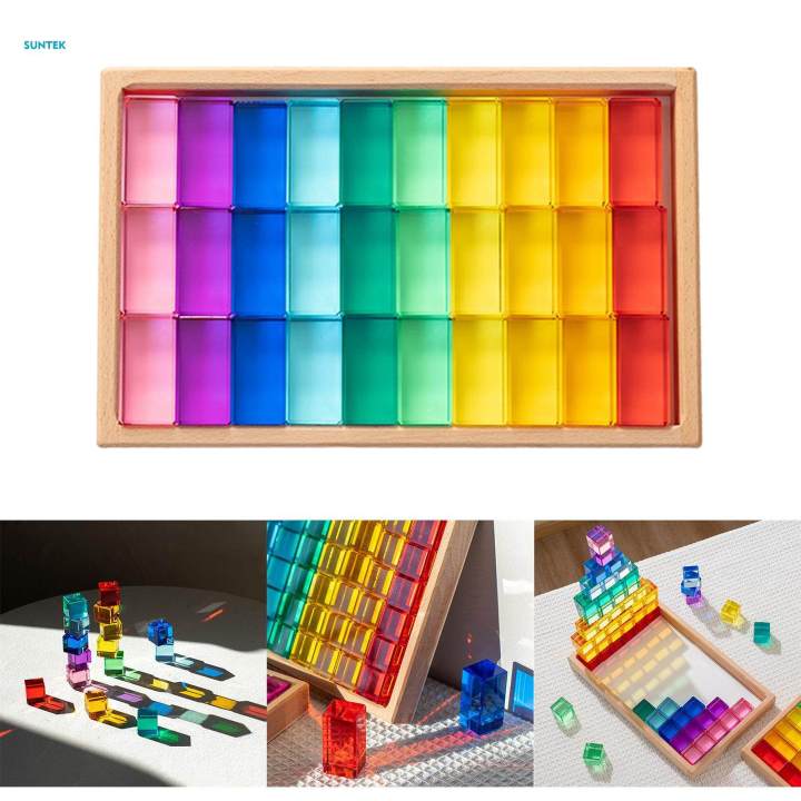 Rainbow GEM Cubes Stacking Toy Transparent Appearance with Storage Case Building Blocks Set 30pcs