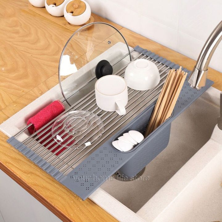Kitchen Rolling Dish Drainer Roll Up Dish Drying Rack Over The Sink kitchen accessories,storage organization Foldable bowl shelf