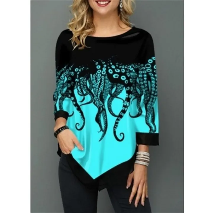Spring%20Summer%20Irregular%20Print%203/4%20Sleeve%20T-Shirts%20Women%20Clothing%20Fashion%20Casual%20Tops%20Plus%20Size%20Loose%20Pullovers%20Tee%20Shirt%20Femme%20-%20Image%207