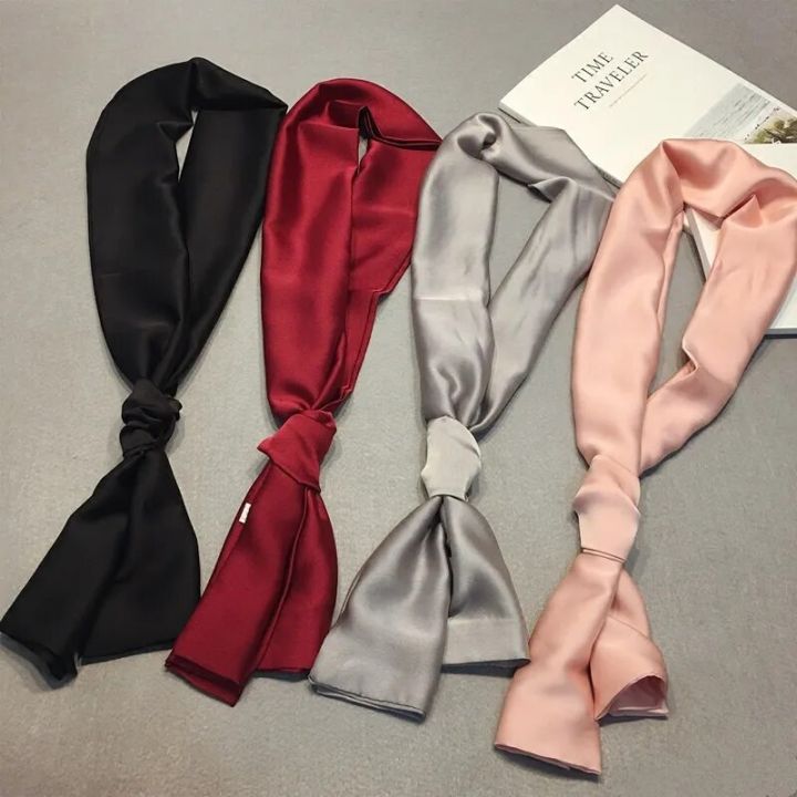 【NEW】 Fashion Neckerchief Women Headband Hair Scarf Silk Satin Bag Scarves Female 145*15Cm Long Wraps Black Red Pink Scarfs For Ladies