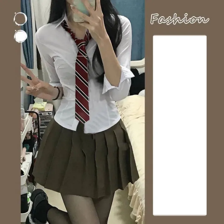Preppy%20Style%20Korean%20Style%20Slim%20Fit%20Waist%20Trimming%20Shirt%20Top%20Women's%20Spring%20and%20Autumn%20Pleated%20Skirt%20Short%20Skirt%20Two-Piece%20Suit%20Fashion%20-%20Image%202