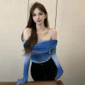 Women Crop T-shirts Ruffles Mesh Patchwork Long Sleeve Tops Korean Style Slim Blouse Top Lady Autumn Off Shoulder Tops. 