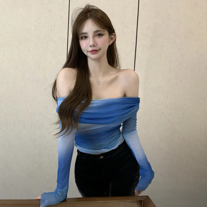 Women%20Crop%20T-shirts%20Ruffles%20Mesh%20Patchwork%20Long%20Sleeve%20Tops%20Korean%20Style%20Slim%20Blouse%20Top%20Lady%20Autumn%20Off%20Shoulder%20Tops%20-%20Image%203