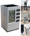 Pen Holder with Digital Watch - Silver Cube Desk Pen Stand With Digital Clock (Temperature , Alarm & Calendar) | smart pen holder.