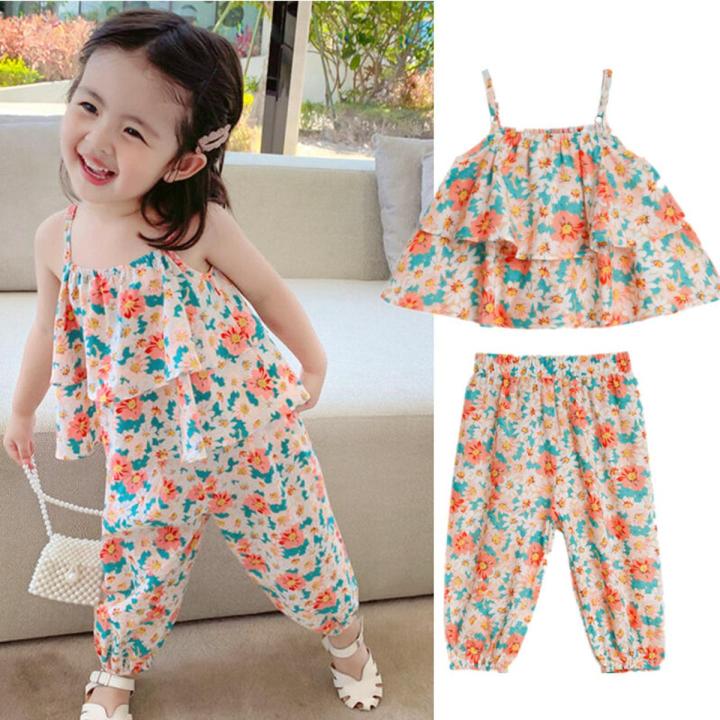 2Pcs/Set Girl Clothes Girls Fashion Summer Clothing Set Floral Sleeveless Kids Blouse Top Pants
