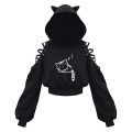 Women Long Sleeve Hoodies Kawaii Cat Ears Hoodie Gothic Punk Harajuku Cold Shouler Bandage Gothic Black Sweatshirts 2021.