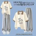 Summer Little Fresh Suit Girl Korean Loose Bear Polo Collar T T-shirt + Wide Leg Pants Two-Piece Suit Fashion. 