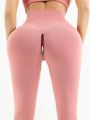 Knitted Autumn Outdoor Open Crotch Women's Peach Hip Sports Leggings Invisible Zipper Workout Pants Tight Gym Trousers.