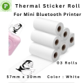 3 Rolls, Size: 57mm X 30mm, Self-Adhesive Inkless Waterproof White Color Thermal Sticker Paper Roll  - Perfect For Mini Printer, Portable Printer, Printer Mini, Label Printer, Model C9, PT 210, 230,X5, X6,C22 Etc.. 