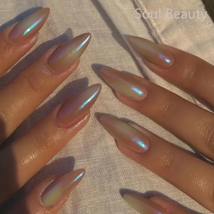 24pcs%20Almond%20Milk%20Yellow%20Chrome%20Powder%20Nails%20Fashion%20Wave%20Design%20False%20Nail%20Art%20Removable%20Waterproof%20Press%20on%20Nail%20Tips%20-%20Image%204