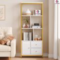 Gold Bookshelf with Drawers Modern Bookcase Storage Rack Shelf Tall Standing Bookshelves Metal Frame Large Display Racks Book Shelf for Bedroom, Living Room, Home Office, White/Gold. 
