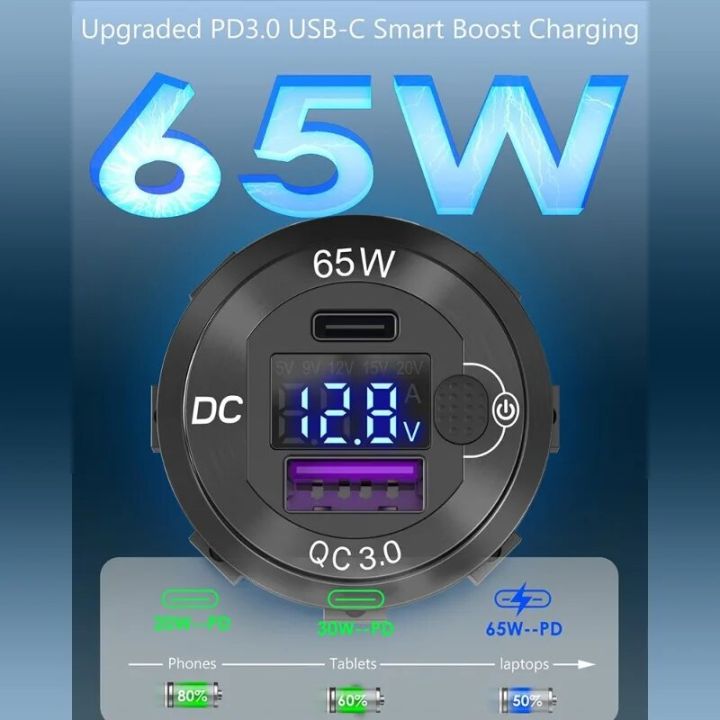 NEW%2083W%20USB%20C%20Car%20Charger%20Socket%20Adapter%2065W%20PD%20QC3.0%20Power%20Outlet%20w/%20LED%20Voltmeter%20Switch%20for%2012-24V%20Car%20Marine%20Motorcycle%20RV%20-%20Image%202