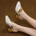 Women High Heeled Platform Half Slippers Leather Mules Femme Pointed Toe Feminino Office Ladies Chaussure Elegant Backless Shoes.