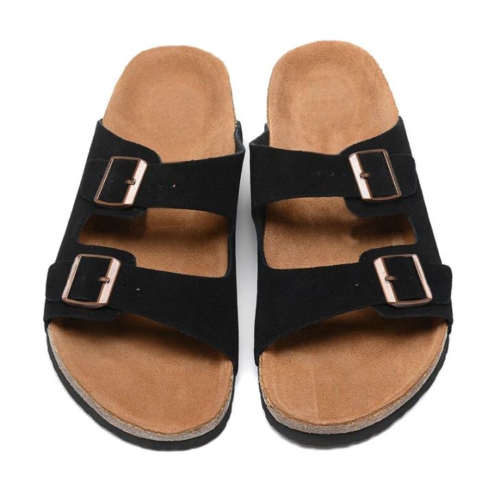 Men%20Arizona%20Style%20Sandals%20Women%20Casual%20Shoes%20Ladies%20Two%20Buckles%20Summer%20Beach%20Leather%20Flip%20Flops%20Wood%20Sole%20Slides%20With%20Shoes%20Box%20-%20Image%206