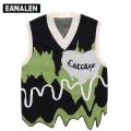 Harajuku Black Green Colorblock Jumper Sweater Vest Women's y2k Retro Oversized Knitted Ugly Sleeveless Sweater Men's Aesthetic. 