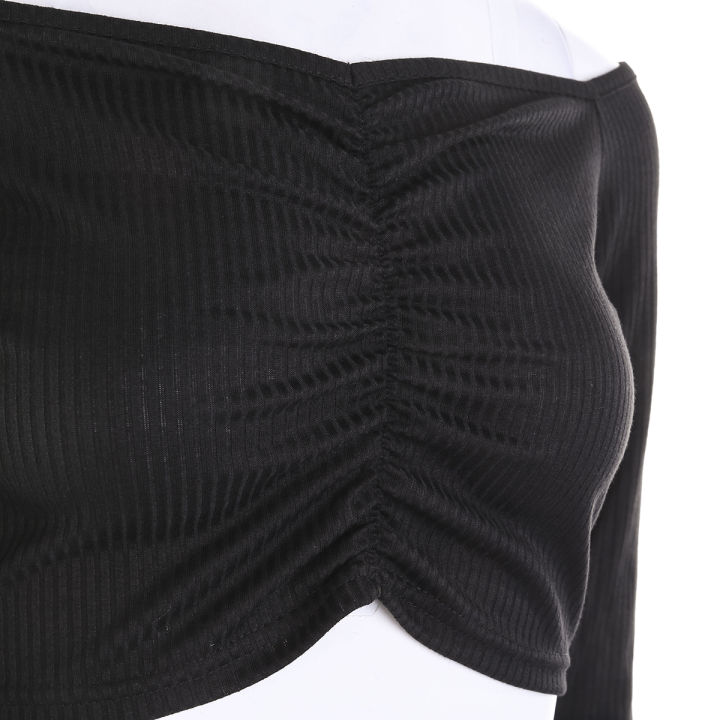 New%20Women's%20Long%20Sleeve%20T-shirt%20Summer%20Fashion%20Casual%20%20Off%20Shoulder%20Cropped%20Top%20Solid%20Color%20-%20Image%204