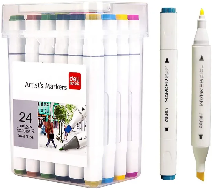Deli%20E70803-24%20Dual%20Tip%20Sketch%20Markers%20%E2%80%93%2024%20Colors,%20Brush%20&%20Chisel%20Tip%20Art%20Markers%20for%20Painting,%20Sketching,%20Calligraphy,%20Drawing%20&%20Coloring%20-%20Image%204