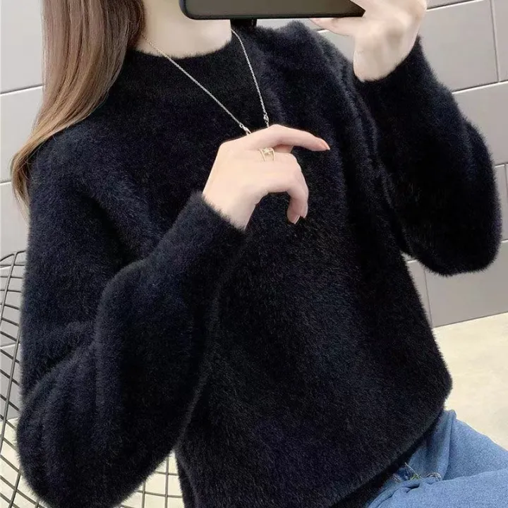 Winter%20Women%20Pullover%20Sweater%20Fashion%20Half%20Turtleneck%20Knitted%20Jumper%20Loose%20Imitation%20Mink%20Velvet%20Knitted%20Sweater%20Femme%20Tops%20T93%20-%20Image%205