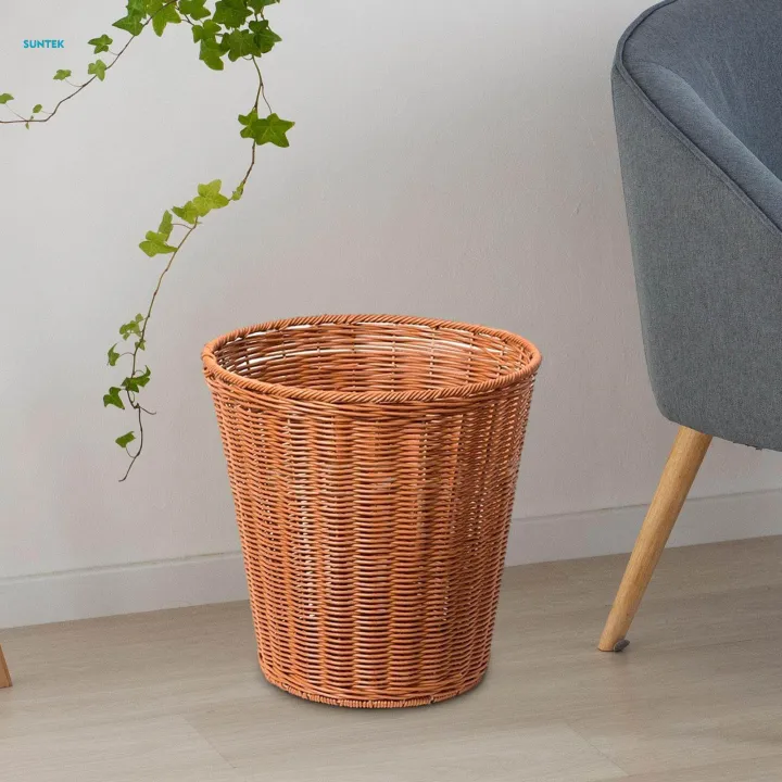 Wicker Trash Can Round Imitation Rattan Waste Basket for Kitchen Nursery