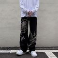 Grunge Punk spider web print Black Women's pants goth Streetwear Oversize Wide Leg Trousers 90s Vintage y2k clothes cargo Pants.