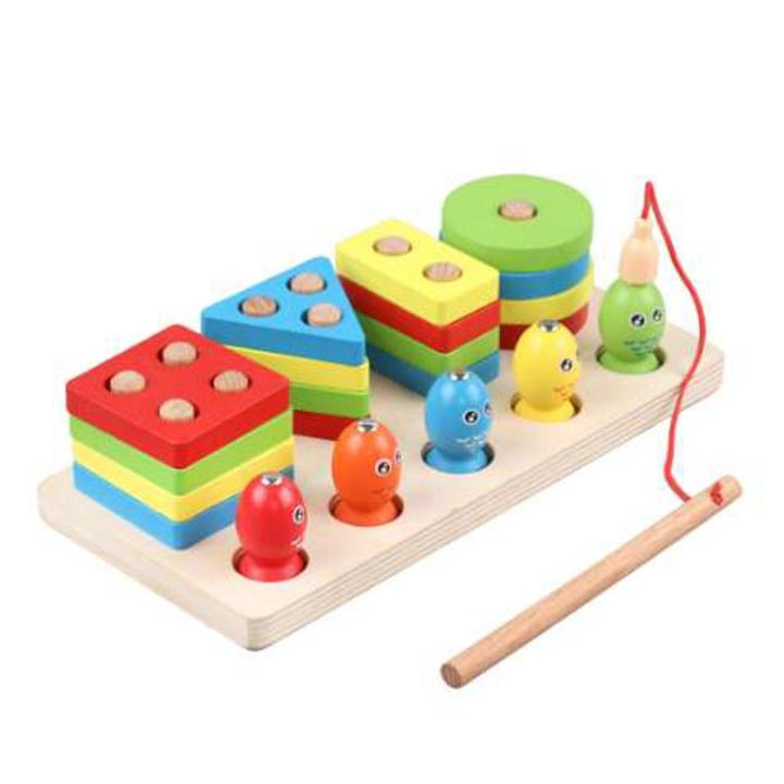 Fishing Game Geometry and Color Learning Five Sets of Columns Wooden Toys  for Children Building Toy Baby Education Puzzle Board