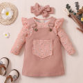 Baby Girl Three Piece Suit Fashion Pitted Long Sleeve Romper and Pocket Suspender Skirt & Headband. 