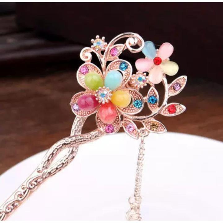 Women Girls Flower Hair stick/Hair pin with Crystal Tassle Chain Flower by Zayan fashion