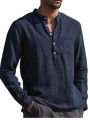 men's long sleeve V-neck leisure loose linen shirt with pocket fashion casual shirt. 