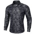 Luxury Silk Shirts for Men Black Silver Paisley Wedding Prom Party Button Down Collar Dress Shirt Blose Men Clothing.