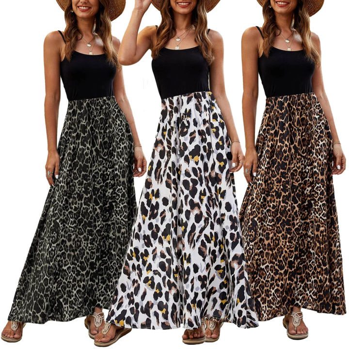 Ladies Soft Fabrics Spaghetti Strap Sleeveless Leopard Print Maxi Dress Elastic High Waist Skirt Bohemian Beach Vacation Dresses for Femaleโs