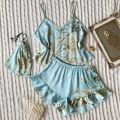 Elegant Floral Print Cami Tops Ruffle Hem Shorts Pajama Set Women's Sleepwear Loungewear. 