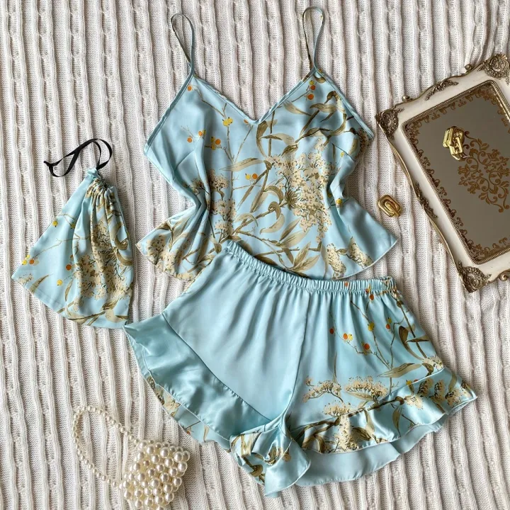 Elegant%20Floral%20Print%20Cami%20Tops%20Ruffle%20Hem%20Shorts%20Pajama%20Set%20Women's%20Sleepwear%20Loungewear%20-%20Image%202