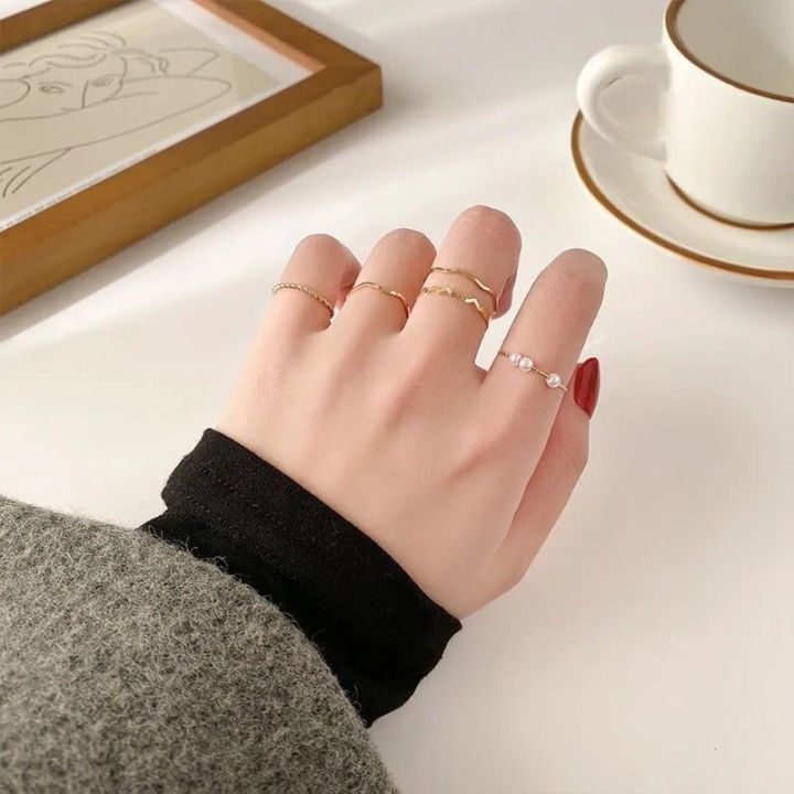 Ring%20Set%20Temperament%20Fashionable%20and%20Popular%20Women's%20Multi-layer%20Ring%20Twist%20Pearl%20Opening%20Beautiful%20Hand-tail%20Ring%205pcs%20Set%20-%20Ring%20-%20Image%204