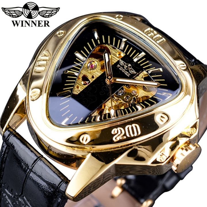 Steampunk Fashion Triangle Golden Skeleton Movement Watch