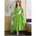 Green Color Readymade Linen Three Pec Gown For Women. 