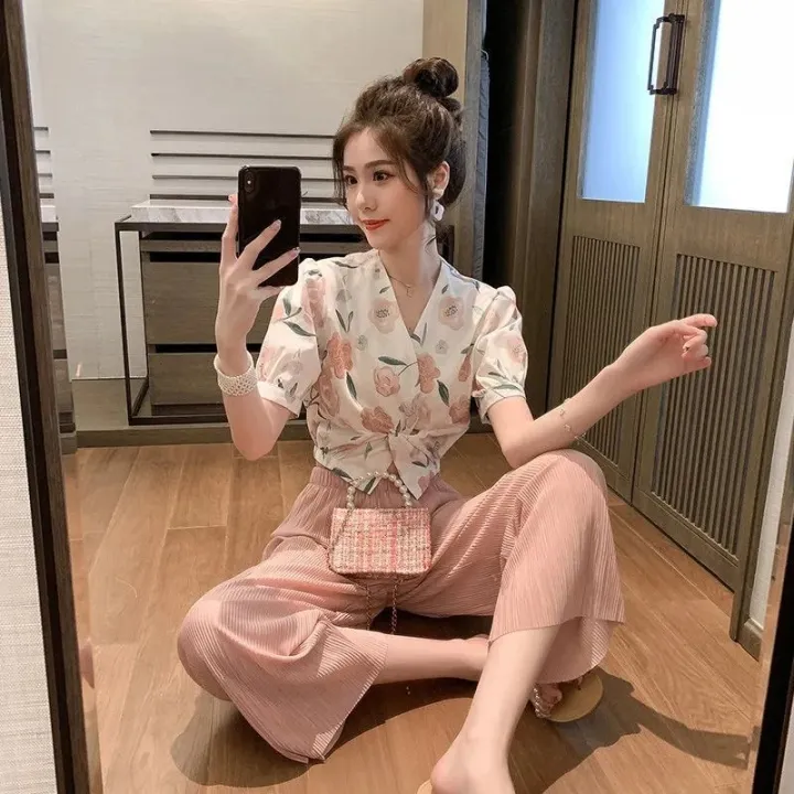 Summer%20Korean%20Style%20Chiffon%20Short%20Sleeve%20New%20Fashion%20Outfit%20Women's%20Temperament%20Leisure%20Wide%20Leg%20Pants%20Cropped%20Pants%20Two-Piece%20Suit%20Fashion%20-%20Image%202