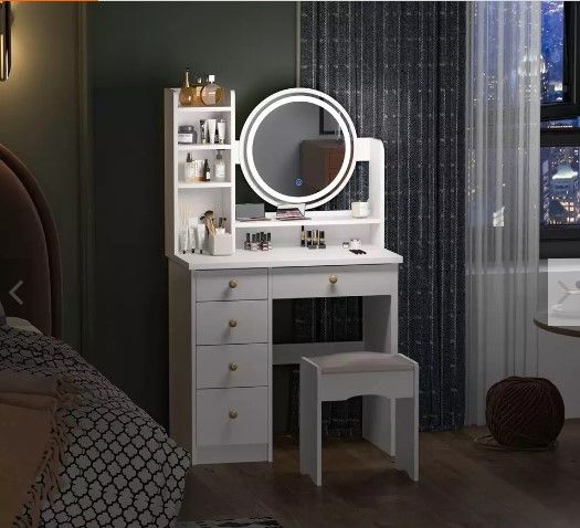 Vanity%20Desk%20with%20Round%20Shape%20Mirror,%20Makeup%20Vanity%20%20DressingTable%20Set%205%20Storage%20Drawers%20with%20Stool%20and%20Divided%20Organizers,%20Dressing%20Table%20for%20Women%20Girls,%20Glossy%20White%2050/36%20-%20Image%204